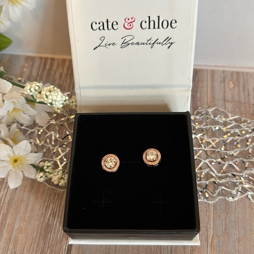 New in Box Cate & Chloe “Ariel” Rose Gold Plated Halo Stud Crystal Earrings